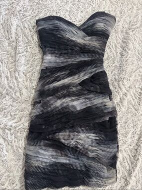 BCBGMaxAzria Strapless Ombre Black and Gray Ruched Cocktail Dress